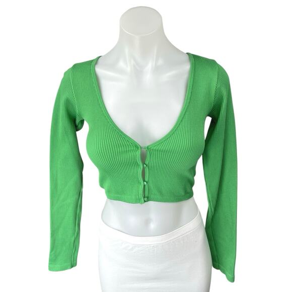 Zara Green Rib Knit Long Sleeve Button Front Crop Cardigan Sweater Top Size XS/S - Picture 1 of 3